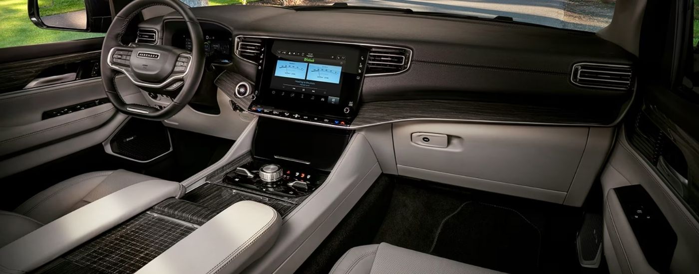 The grey and black interior of a 2024 Jeep Wagoneer.