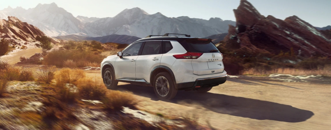 A white 2025 Nissan Rogue is shown from the rear at an angle.