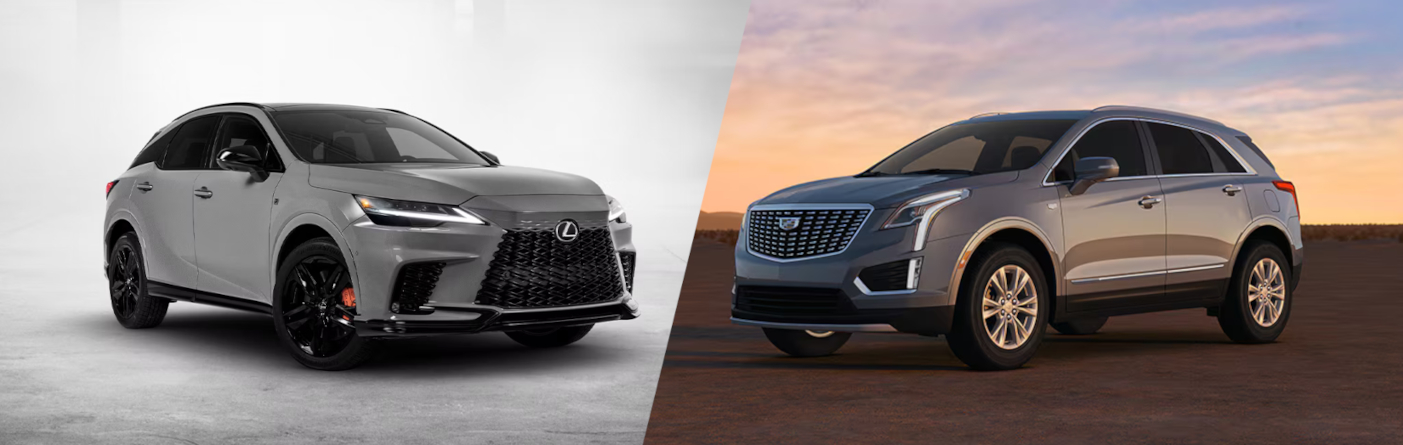 Banner image of a Lexus RX 350 next to a Cadillac XT5 side by side comparison