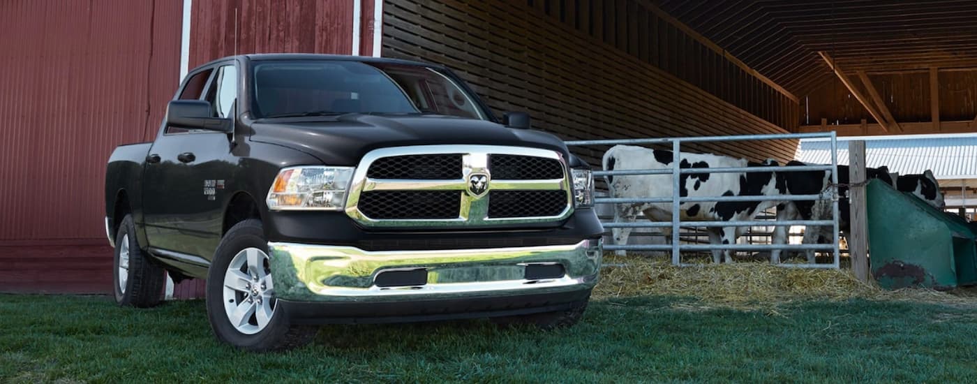 A black 2019 Ram 1500 is shown from the front after leaving a dealer that has used cars for sale near Dulce.