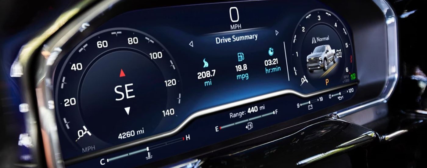 Close-up of the digital instrument cluster in a 2024 Chevy Silverado 1500 for sale near Cypress.