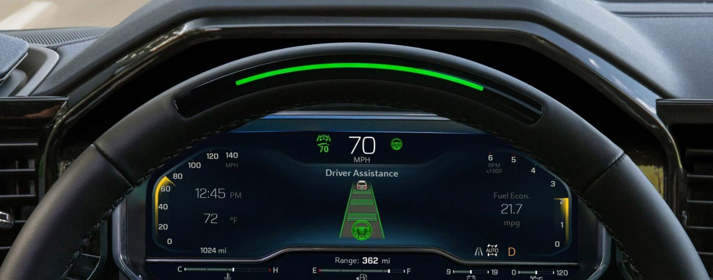 Close-up of the SuperCruise display in a 2024 Chevy Silverado 1500 for sale near Tomball.