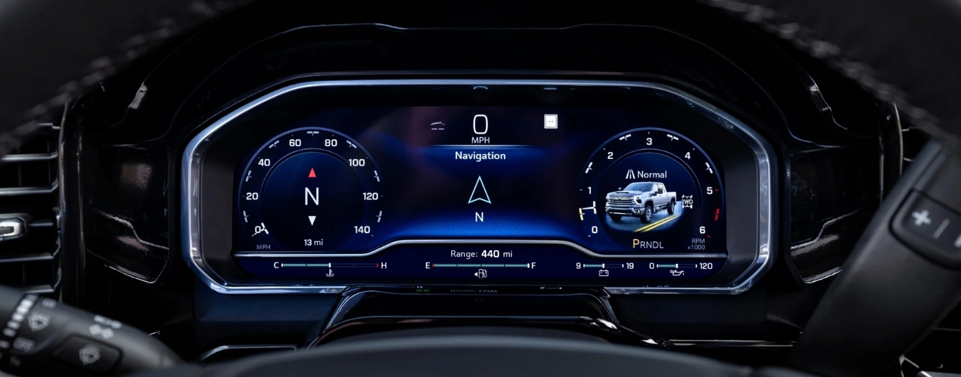 Close-up of the digital instrument cluster in a 2024 Chevy Silverado 3500 for sale.