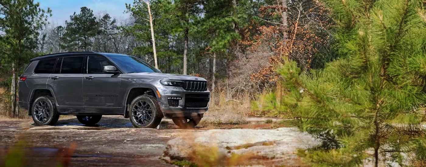 A silver 2025 Jeep Grand Cherokee L parked in a forest.