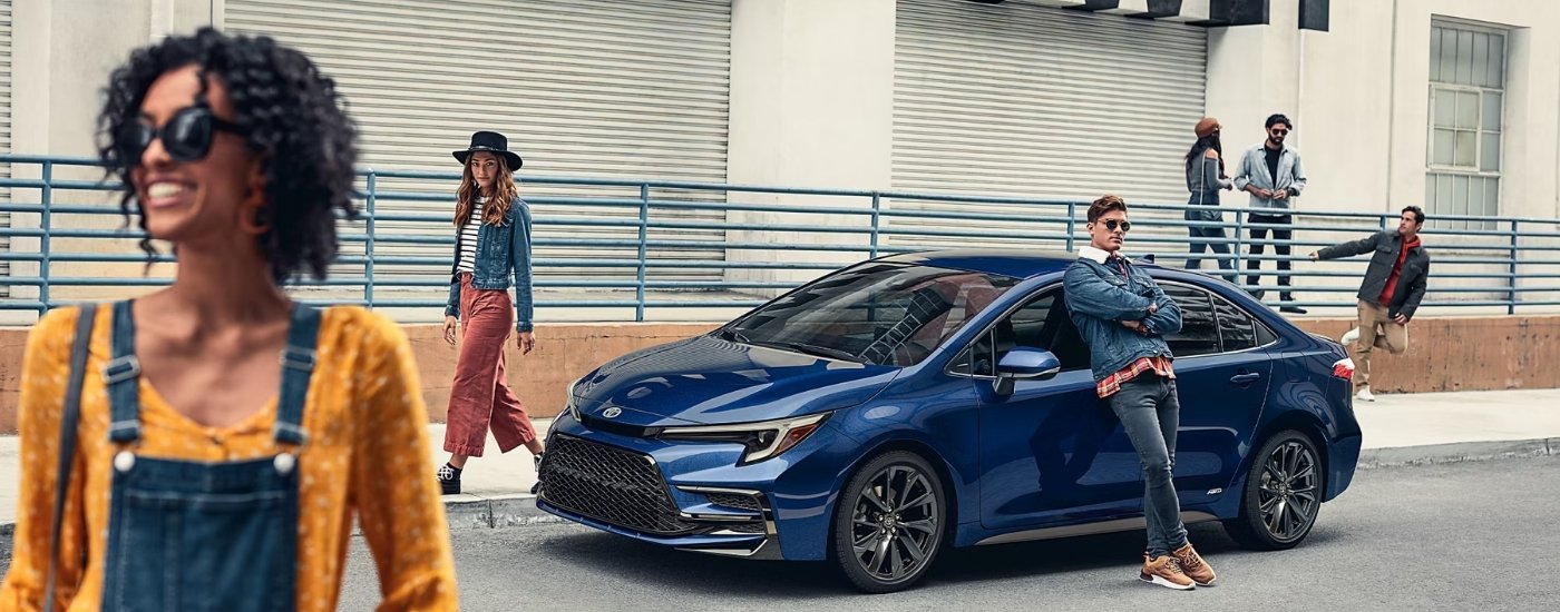A blue 2023 Toyota Corolla after leaving a dealer that has a used Toyota for sale in San Marcos.