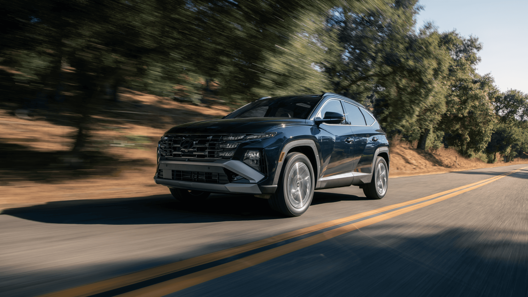 2025 Hyundai Tucson Hybrid in black driving on a sunlit, two-lane road bordered by tall trees and dry terrain.