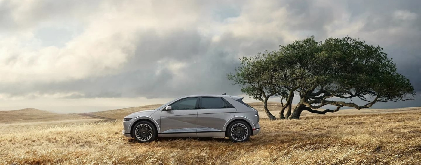 A grey 2023 Hyundai IONIQ 5 for sale parked near a tree and dry grass.
