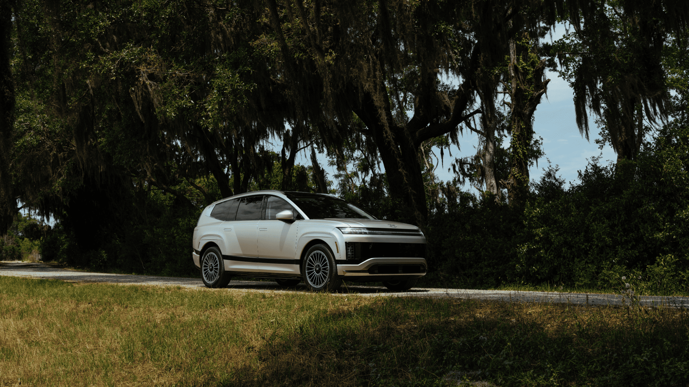 2026 Hyundai IONIQ 9 on a forested road near Johnson City, TN, showcasing its futuristic styling.