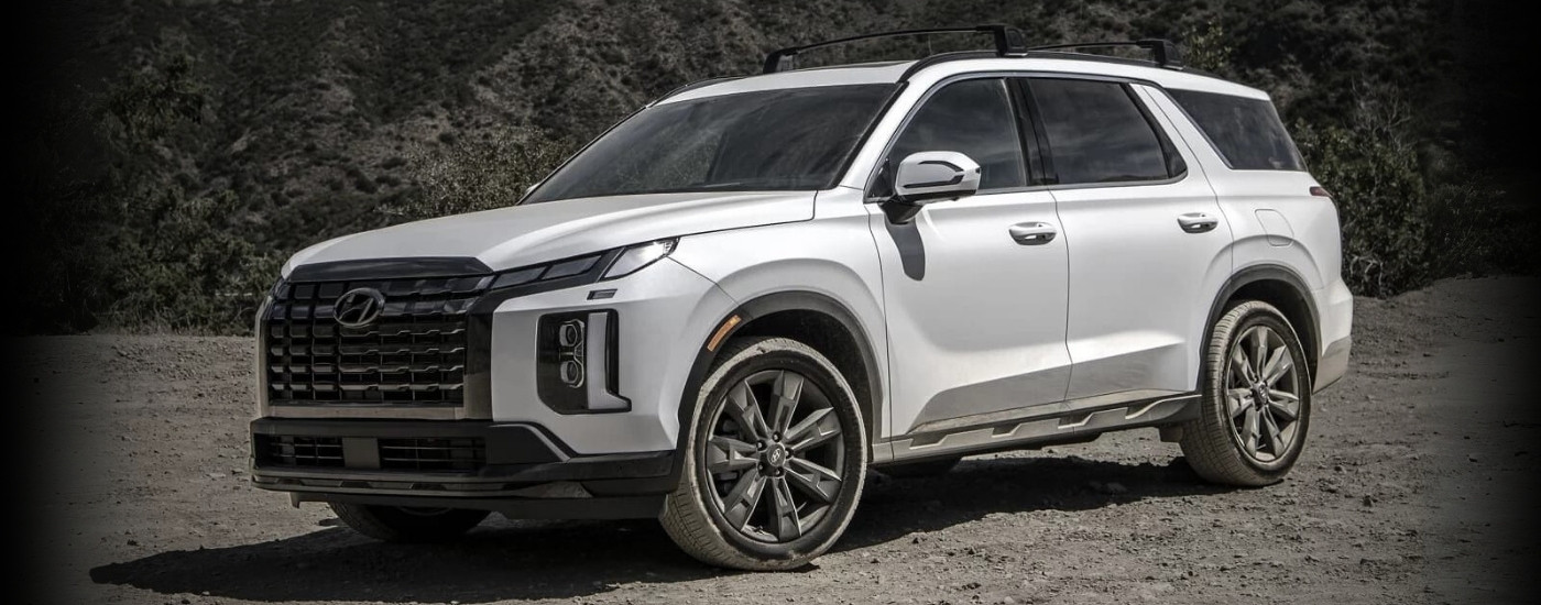 A white 2023 used Hyundai Palisade for sale in Houston parked off-road.