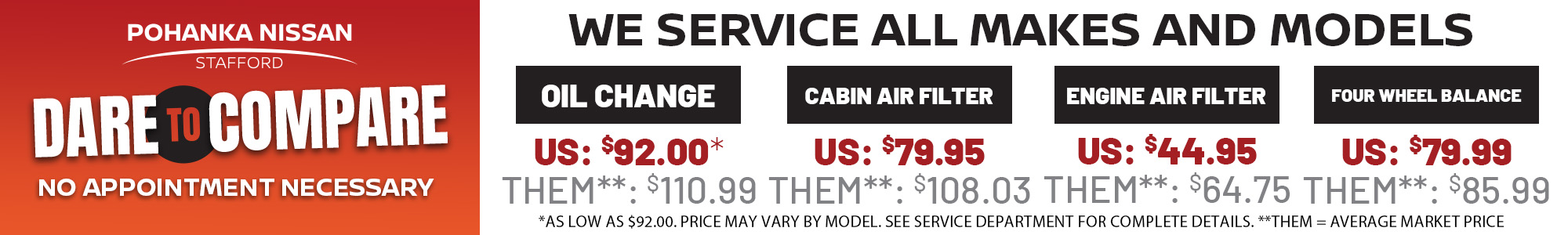 Pohanka Nissan Stafford Service Department Price Comparison Chart