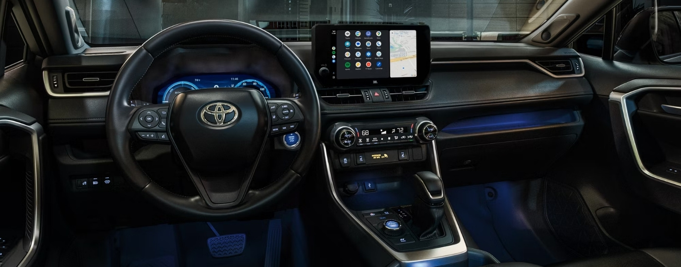 The black interior of a 2025 Toyota RAV4.