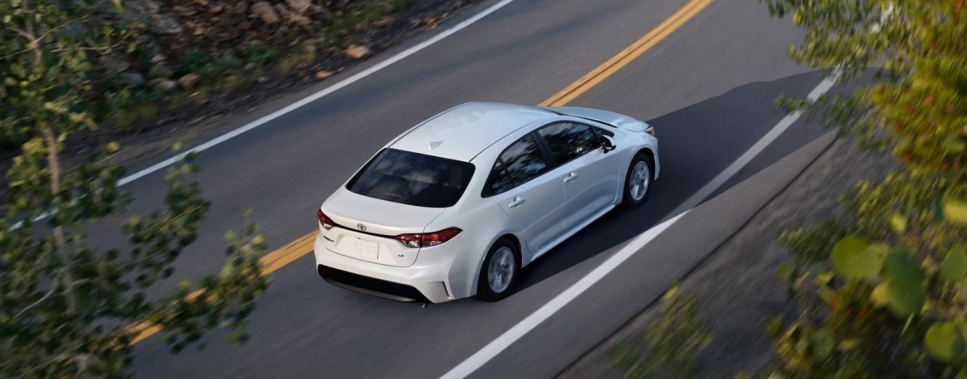 A white 2023 Toyota Corolla from the rear at an angle after leaving a used car dealer in San Marcos.