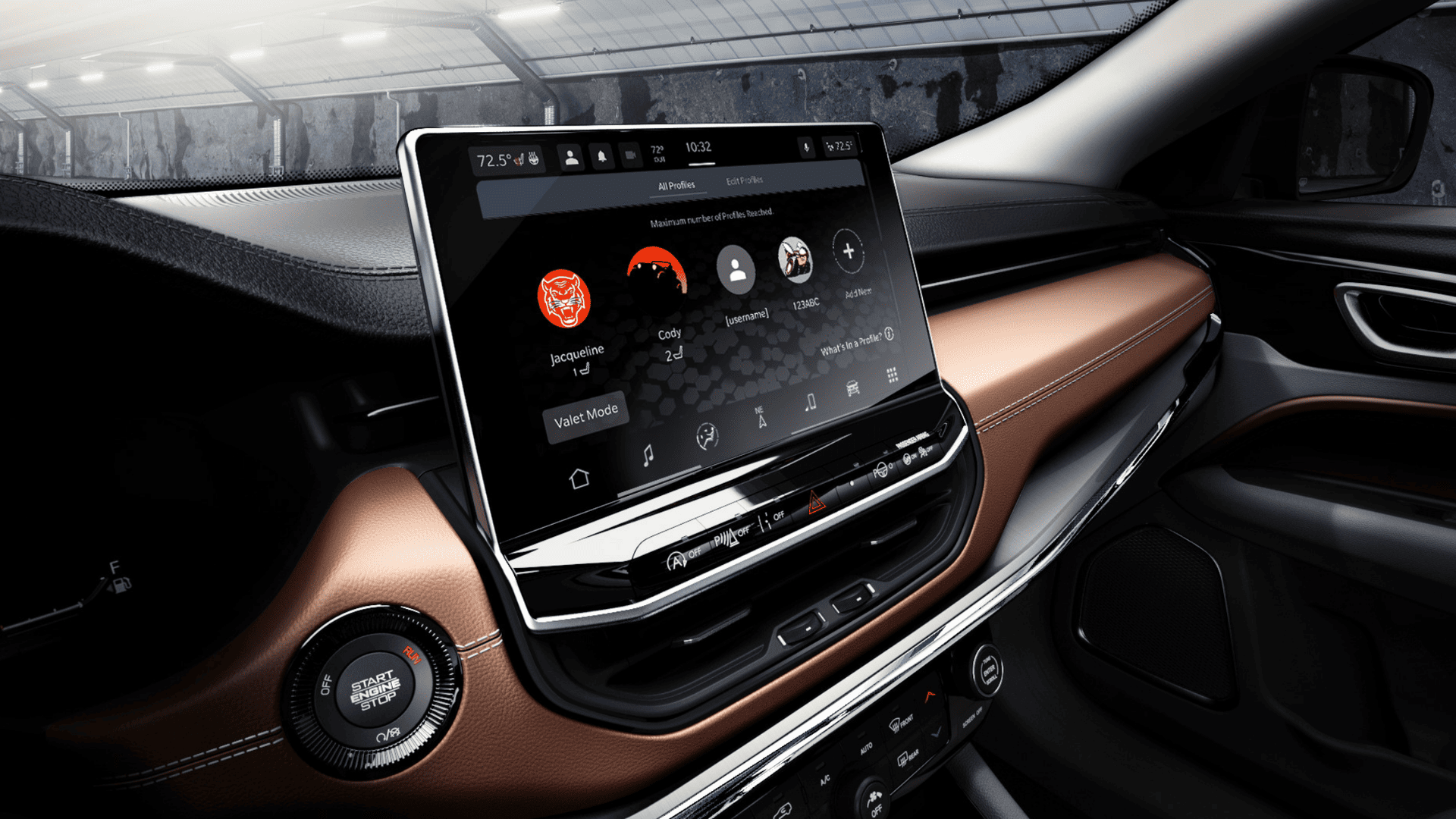 Digital touchscreen display of the 2025 Jeep Compass showing user profile selection and valet mode.