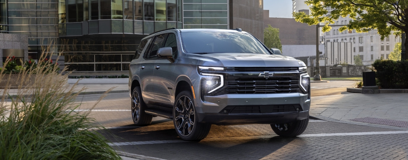 A silver 2025 Chevy Tahoe from the front at an angle.