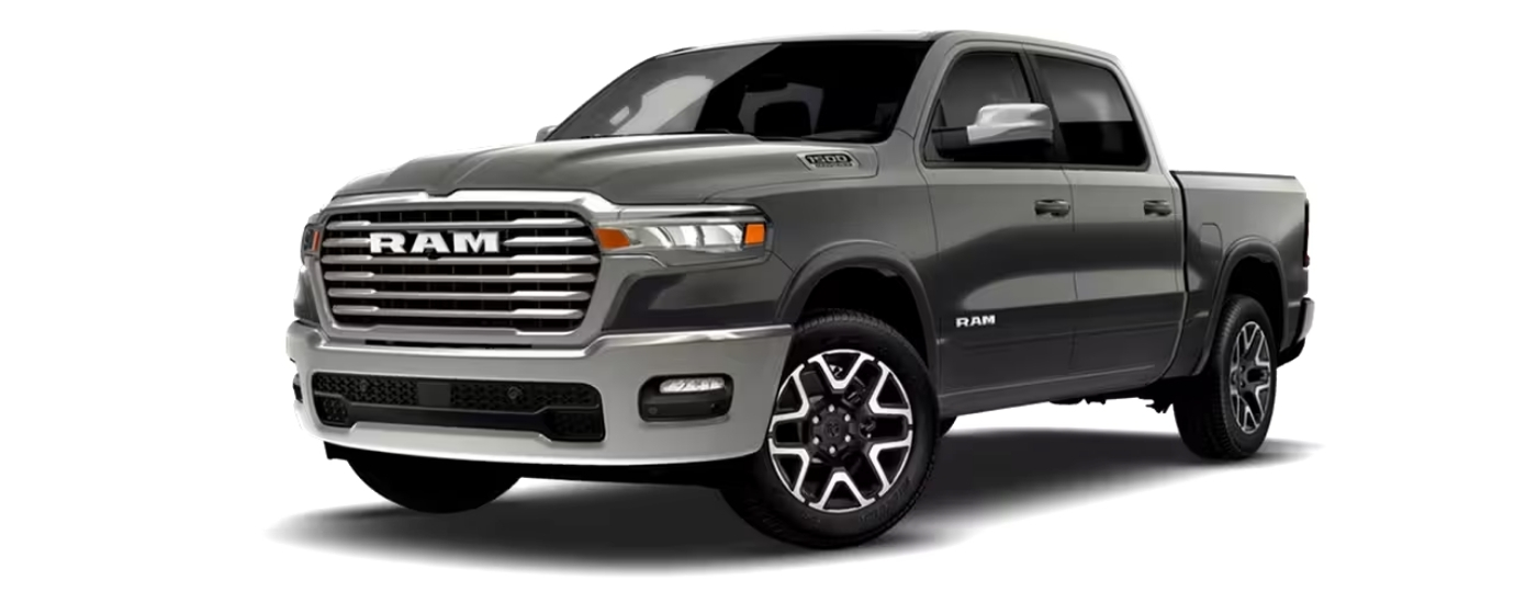 A grey 2026 Ram 1500 Laramie angled left.