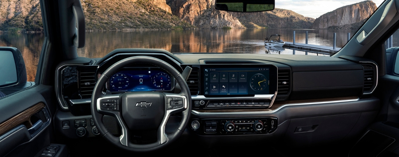 The black interior of a 2025 Chevy Silverado 1500 for sale near Fremont.