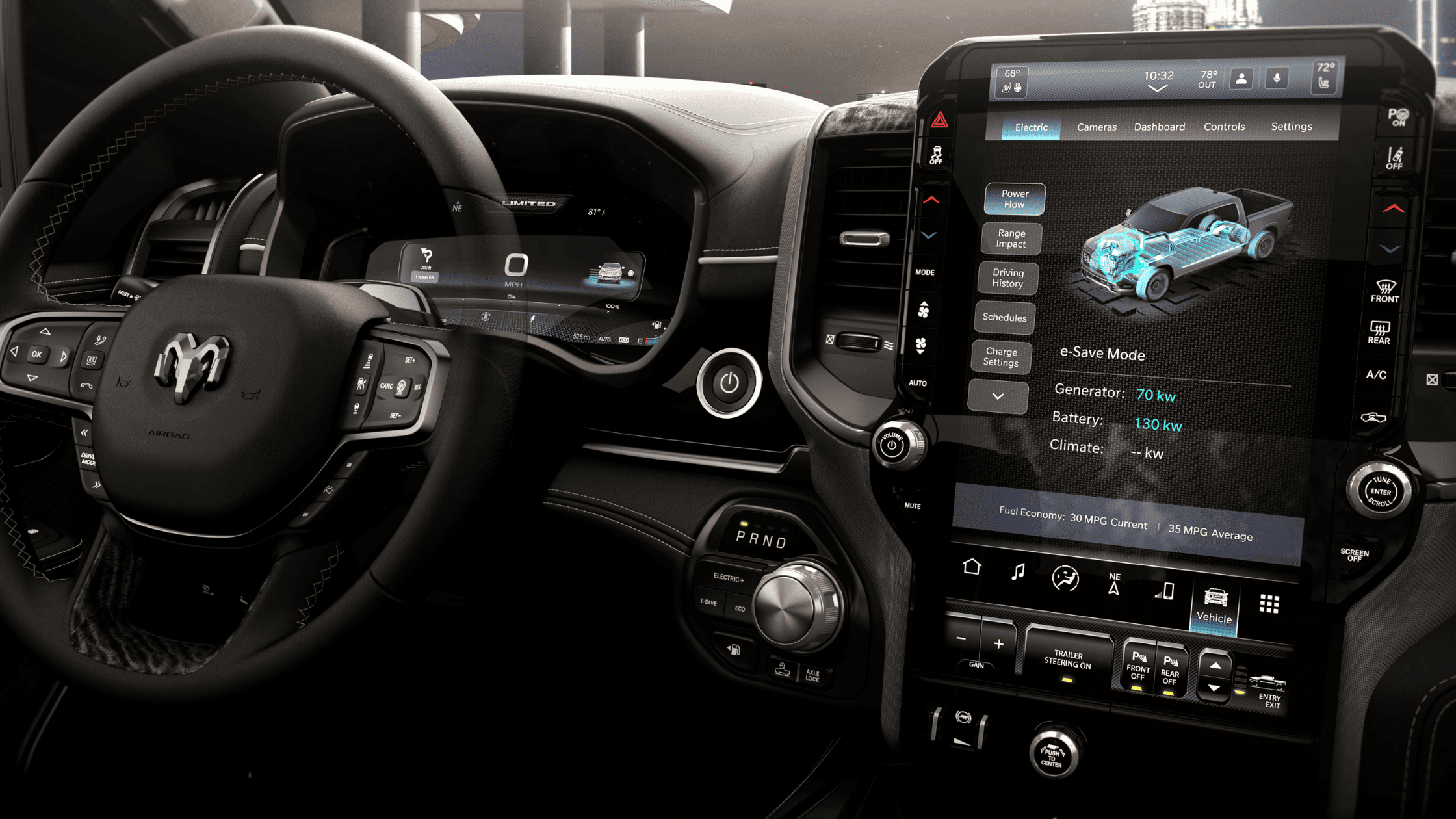 2026 Ram 1500 interior showing leather steering wheel, rotary gear selector, and 12-inch infotainment screen with electric drive mode display.