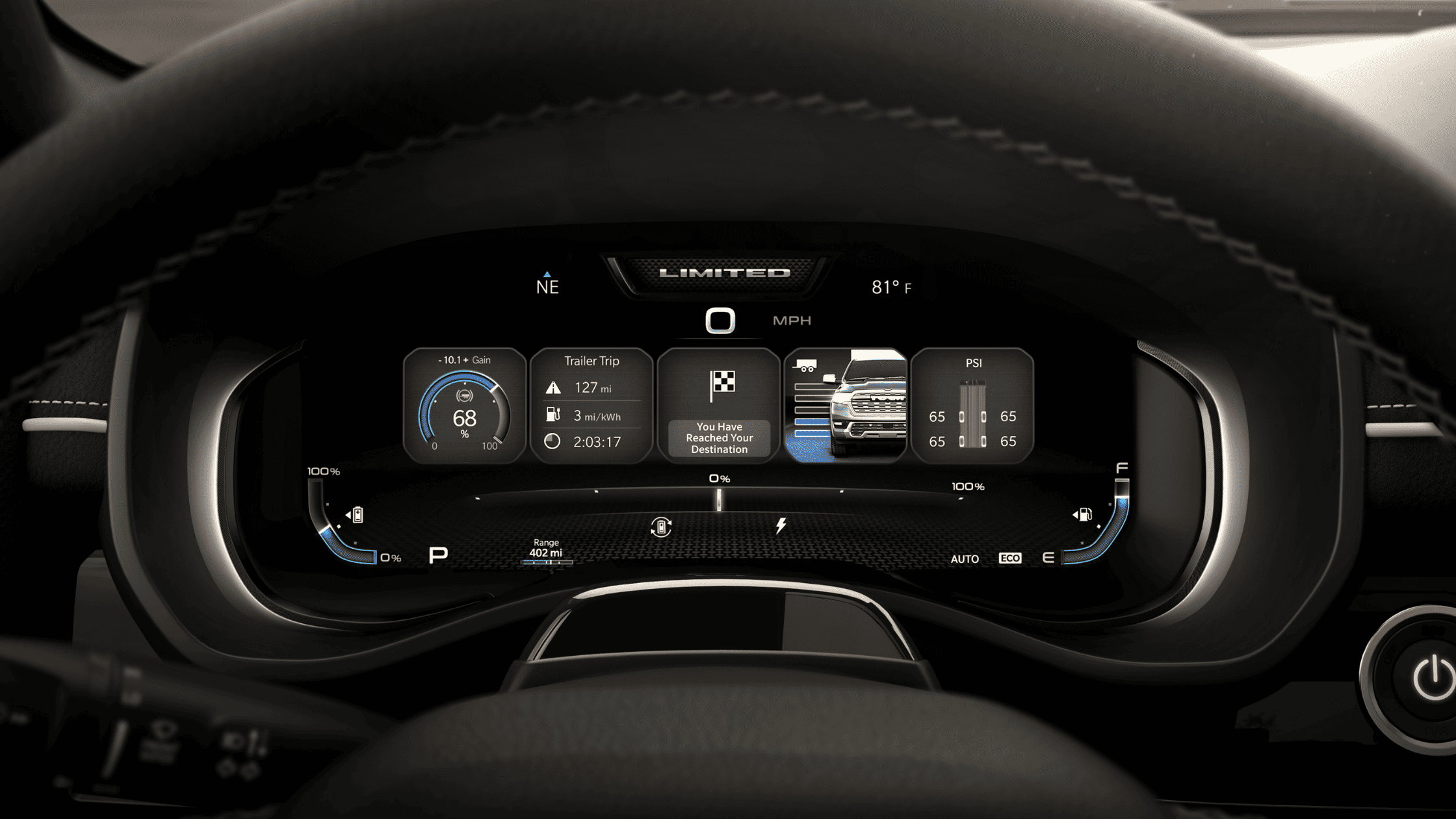 2026 Ram 1500 digital instrument cluster close-up displaying trailer trip data, battery range, and tire pressure monitoring.