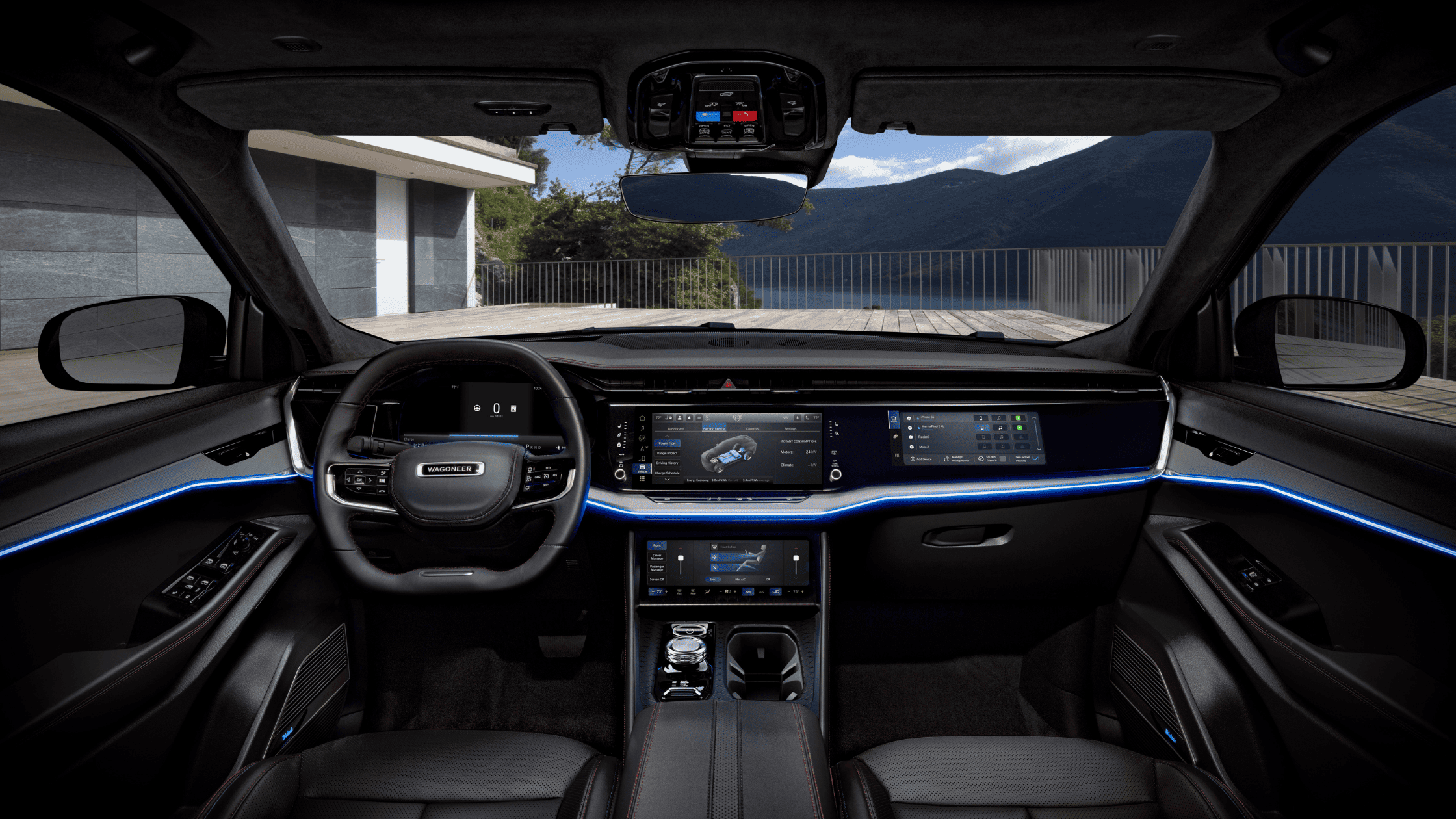 2025 Jeep Wagoneer S interior cockpit with digital displays and ambient lighting.