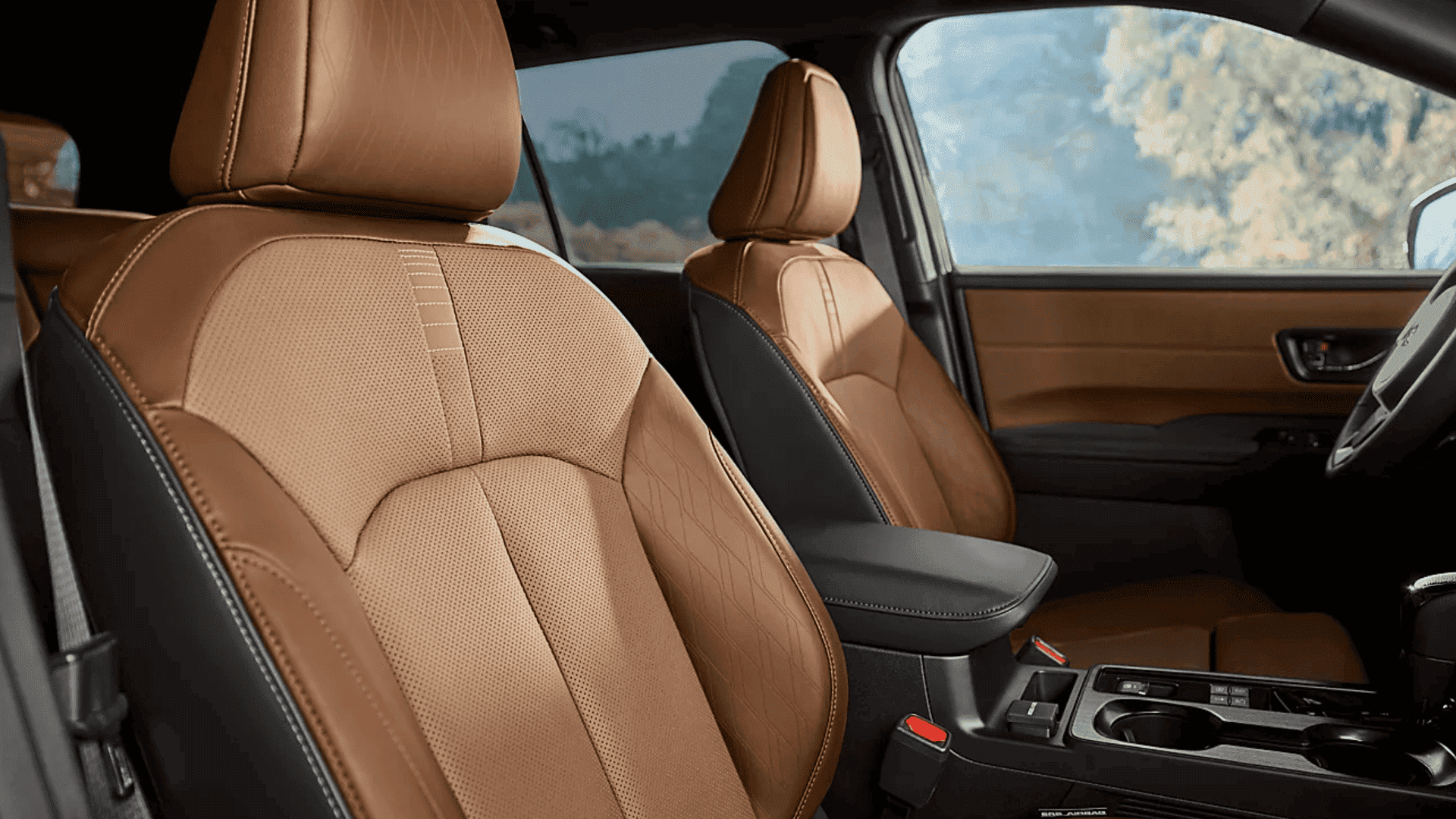 Front leather-trimmed seats of the 2026 Subaru Outback with contrast stitching and upscale cabin design.