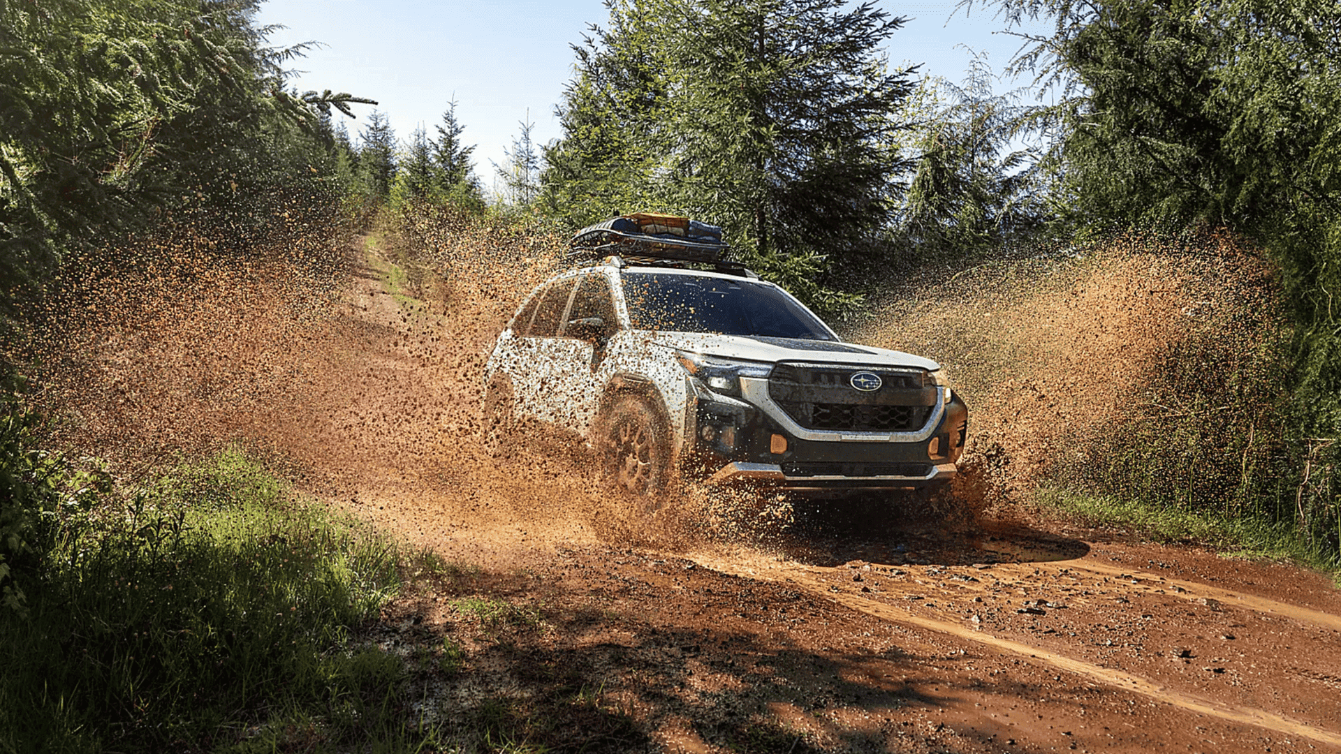 2026 Subaru Forester Wilderness driving through a muddy forest trail, splashing water and dirt.