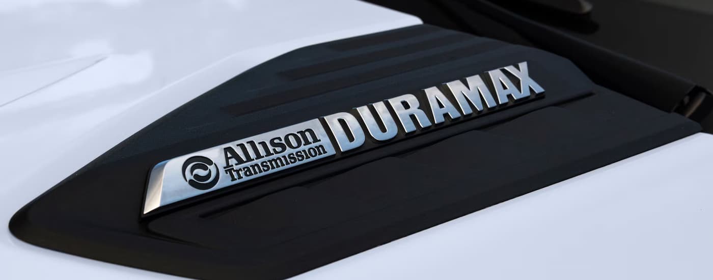 Duramax hood ornament on a white 2025 Chevy Silverado 3500 HD