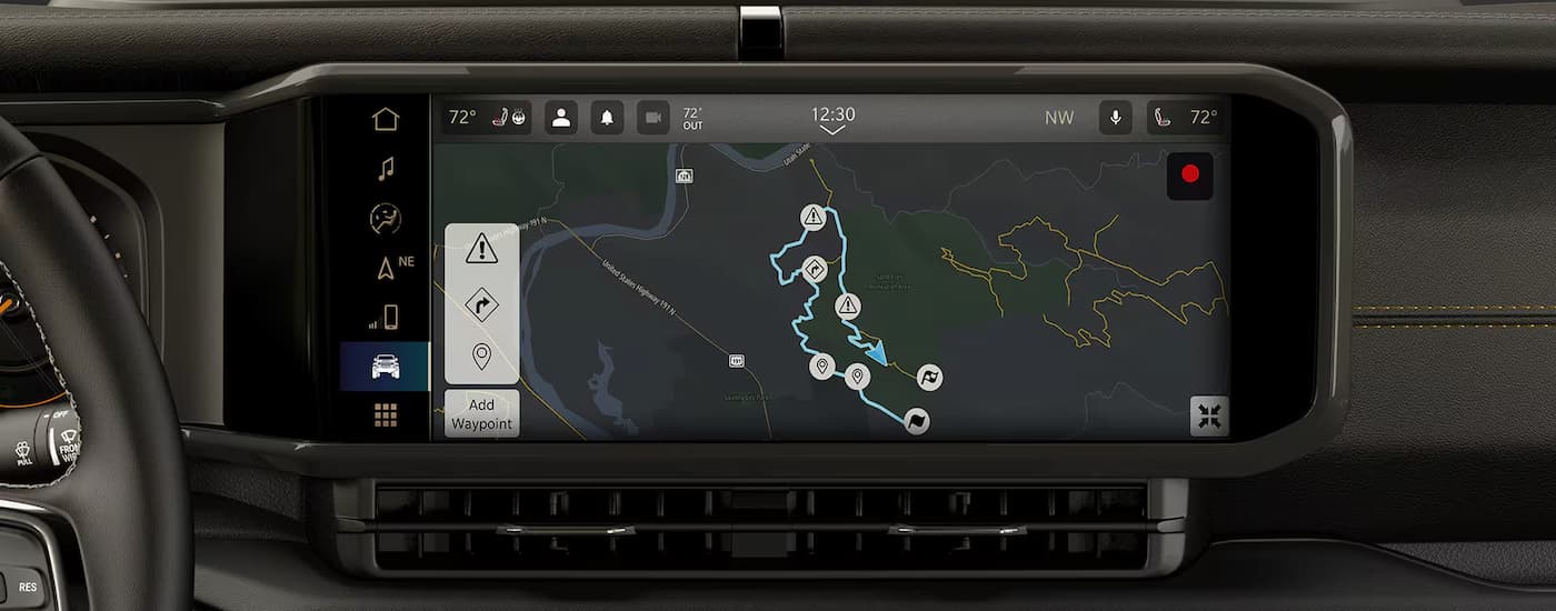Infotainment map screen in a 2025 Jeep Wrangler for sale near Hempstead