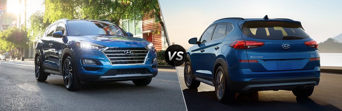alt="2021 Hyundai Tucson and 2020 Hyundai Tucson, separated by a diagonal line and a "VS" logo"
