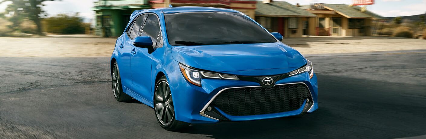 Blue 2021 Toyota Corollla Hatchback front/side angled view
