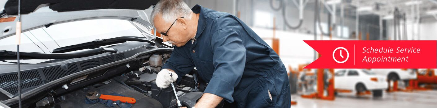 A mechanic looks closely under the hood of a vehicle. Text reads, "schedule service appointment."