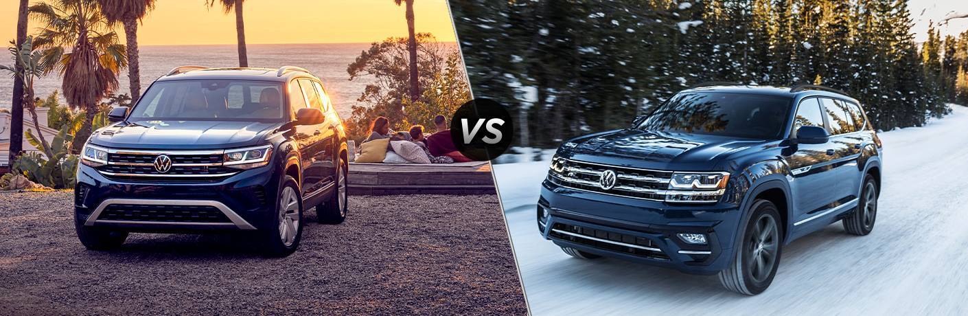 2021 Volkswagen Atlas and 2020 Volkswagen Atlas, separated by a diagonal line and a "VS" logo