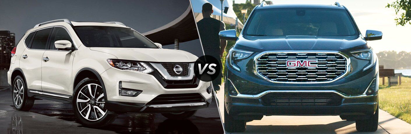 White 2020 Nissan Rogue and off-center 2020 GMC Terrain, separated by a diagonal line and a "VS" …