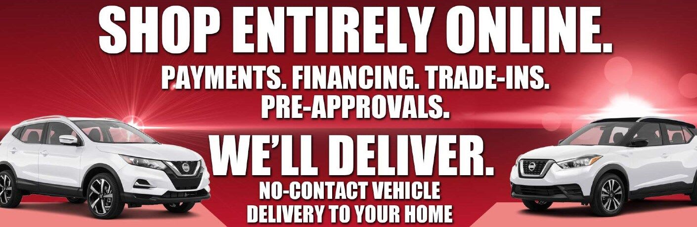 Two white Nissan crossovers flaunt large white text that reads: 