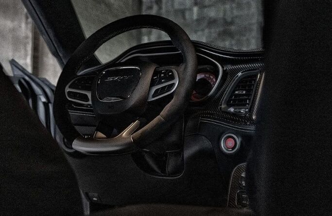 A close look at the steering wheel in the 2023 Dodge Challenger.