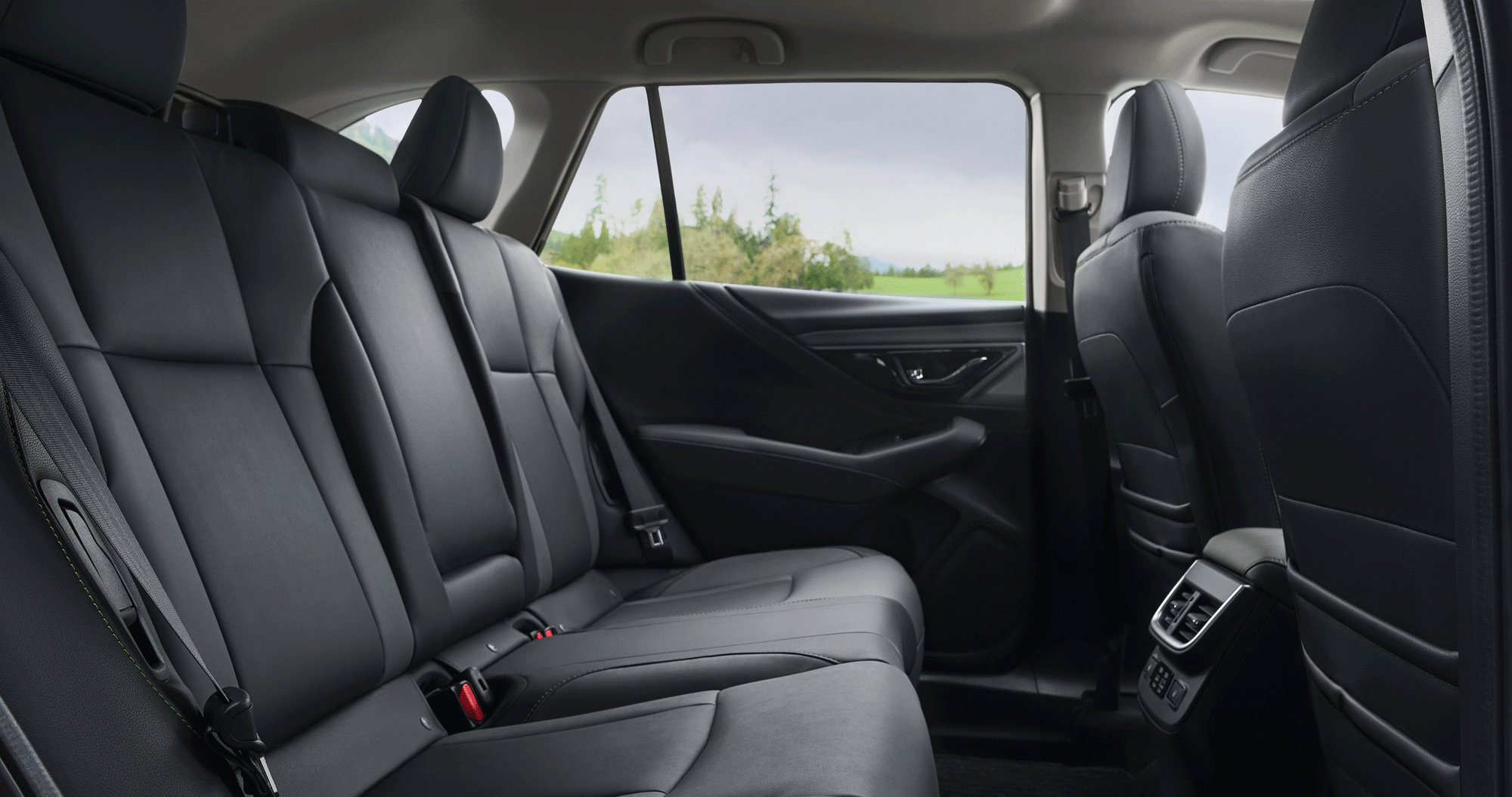 A view of the rear seat with two-tone StarTex upholstery in the 2023 Outback Onyx Edition.
