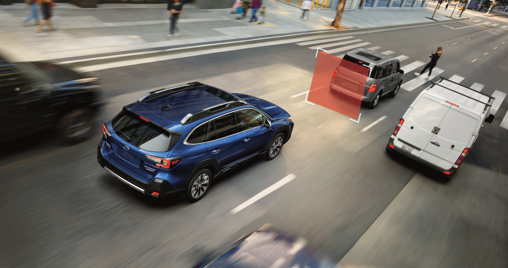 A photo illustration showing the Automatic Pre-Collision Braking feature of the standard EyeSight Driver Assist Technology on the 2023 Outback.
