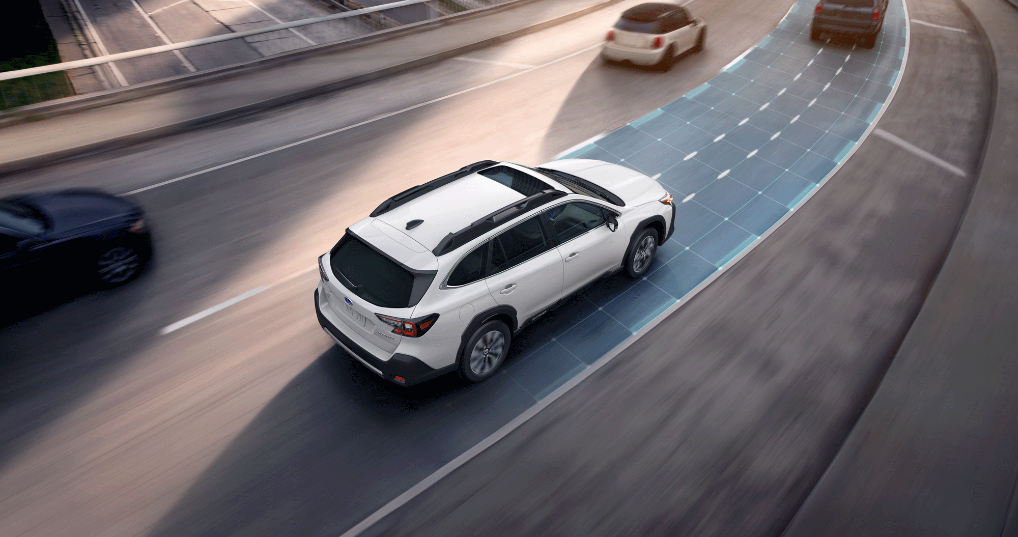 A photo illustration showing the Advanced Adaptive Cruise Control with Lane Centering feature of the standard EyeSight Driver Assist Technology on the 2023 Outback.
