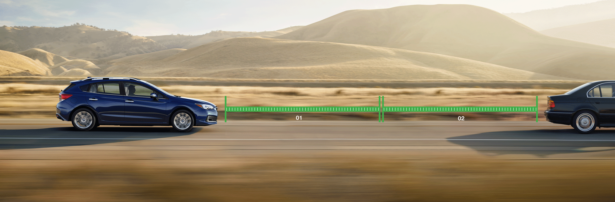 A photo illustrating the Adaptive Cruise Control with Lane Keep Assist feature of the 2023 Impreza hatchback.