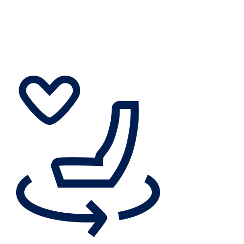 An icon of a seat with a curved arrow encircling it from the bottom and a small heart above it all outlined in blue.