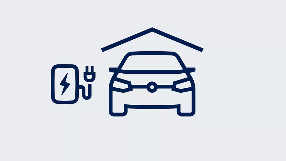 An image that shows an icon of a car under a roof next to an icon of an at home charging station.