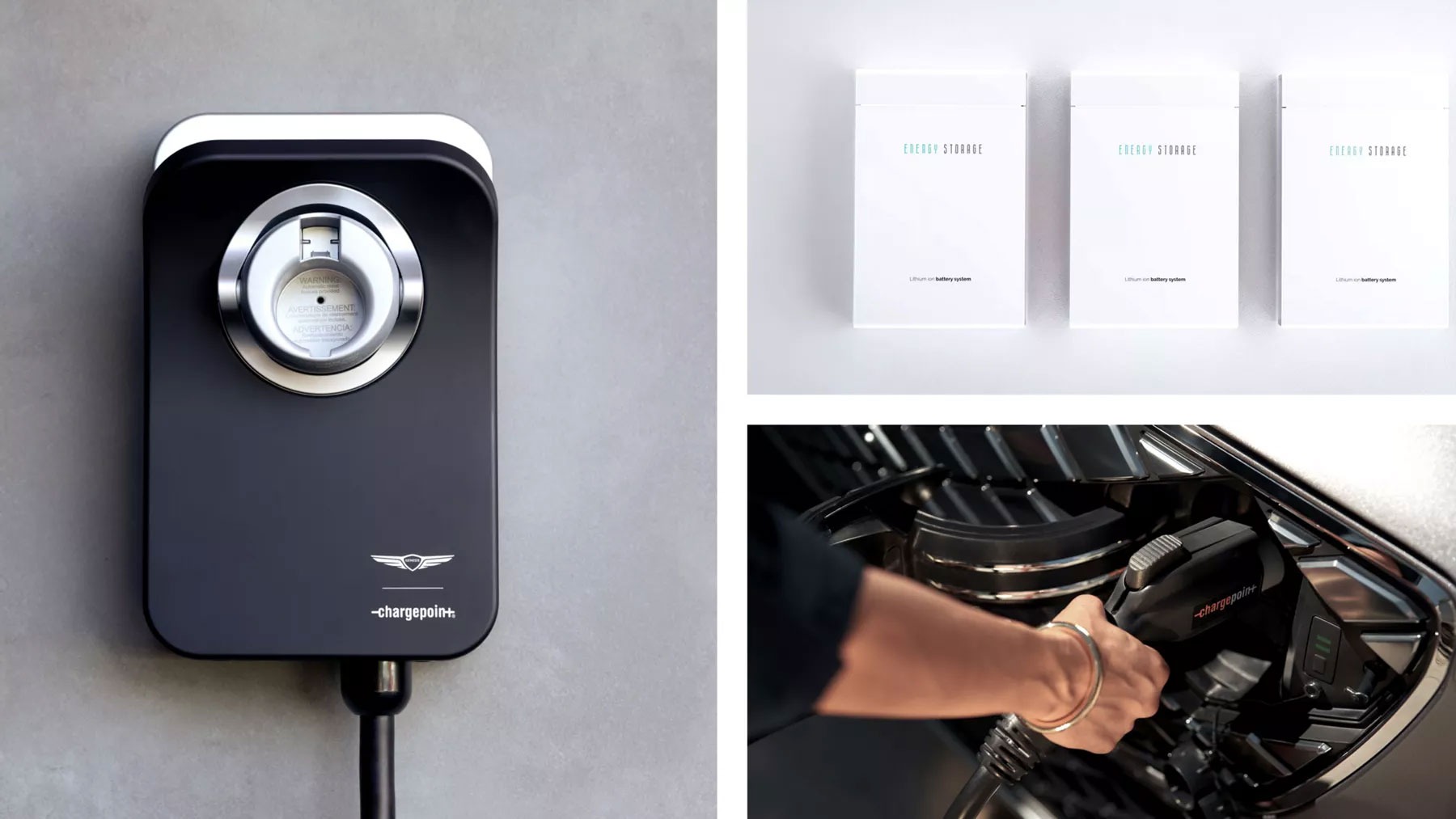 Electric Gallery, three images a chargepoint on the wall, three batteries, and an ev being recharged