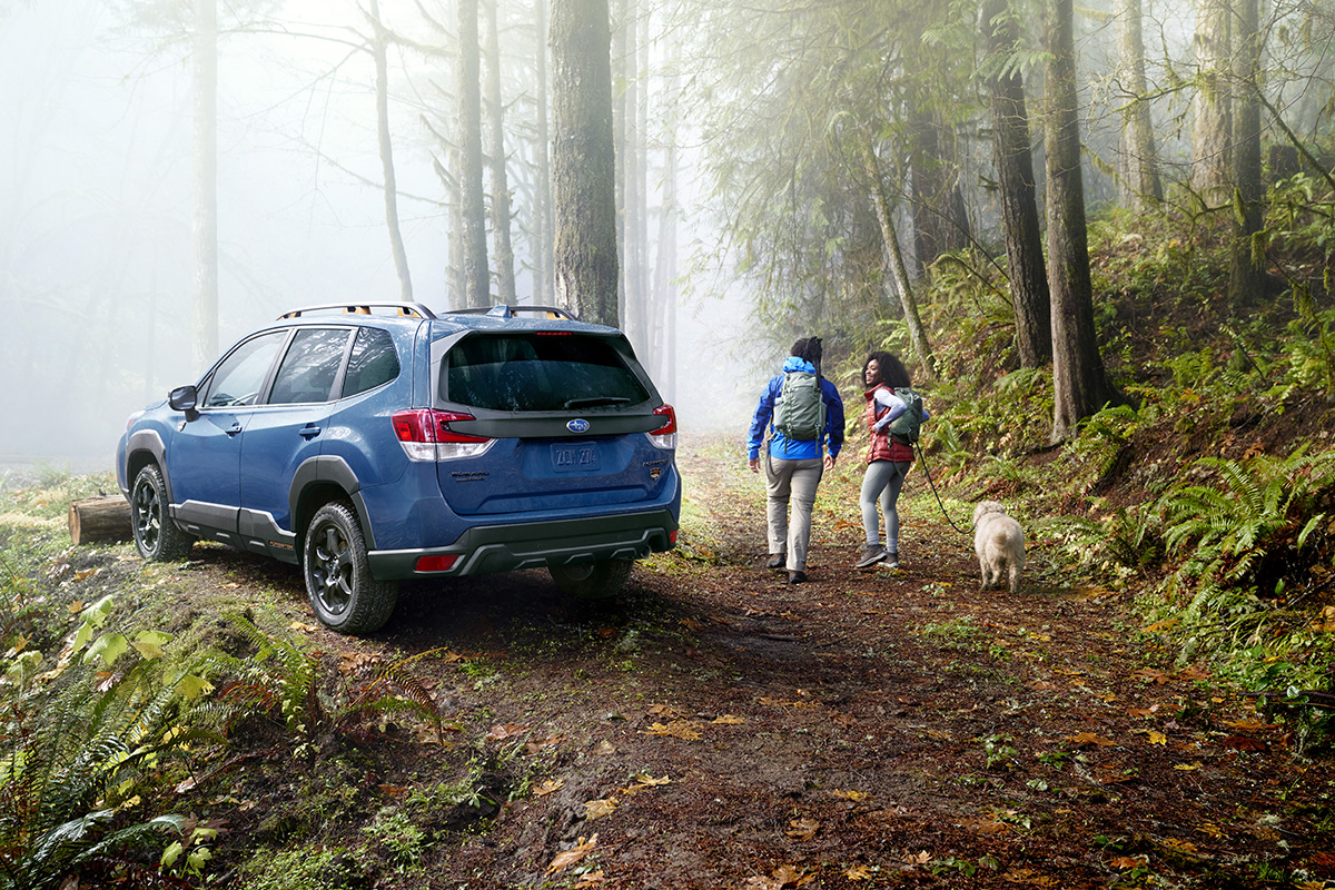 Couple walking dog next to parked blue 2025 off-road Subaru Forester Wilderness