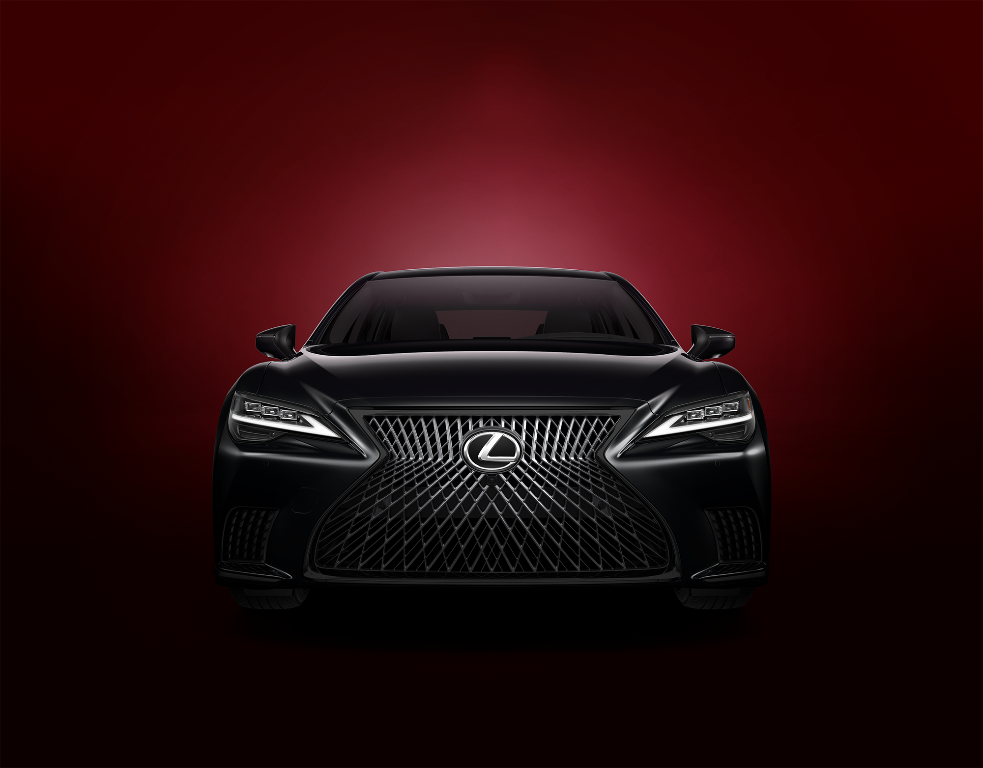 Front grille of the 2026 Lexus LS 500 Heritage Edition shown in Ninety Noir exterior color.