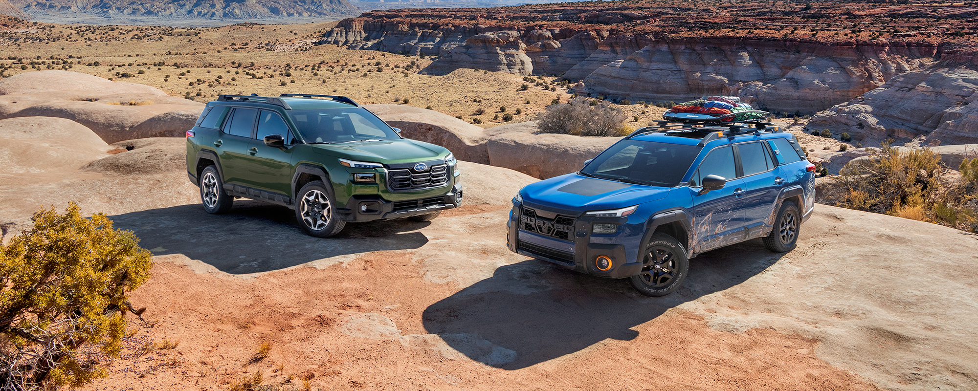 A geyser blue 2026 Subaru Outback Wilderness AWD SUV driving through various features of a desert biome.