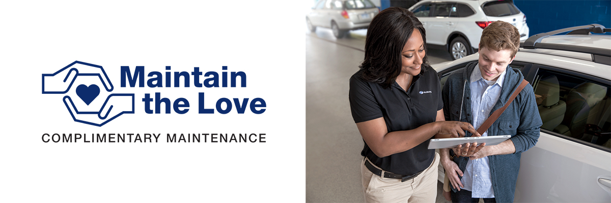 Image of Maintain The Love logo next to a Subaru service representative talking to customer.
