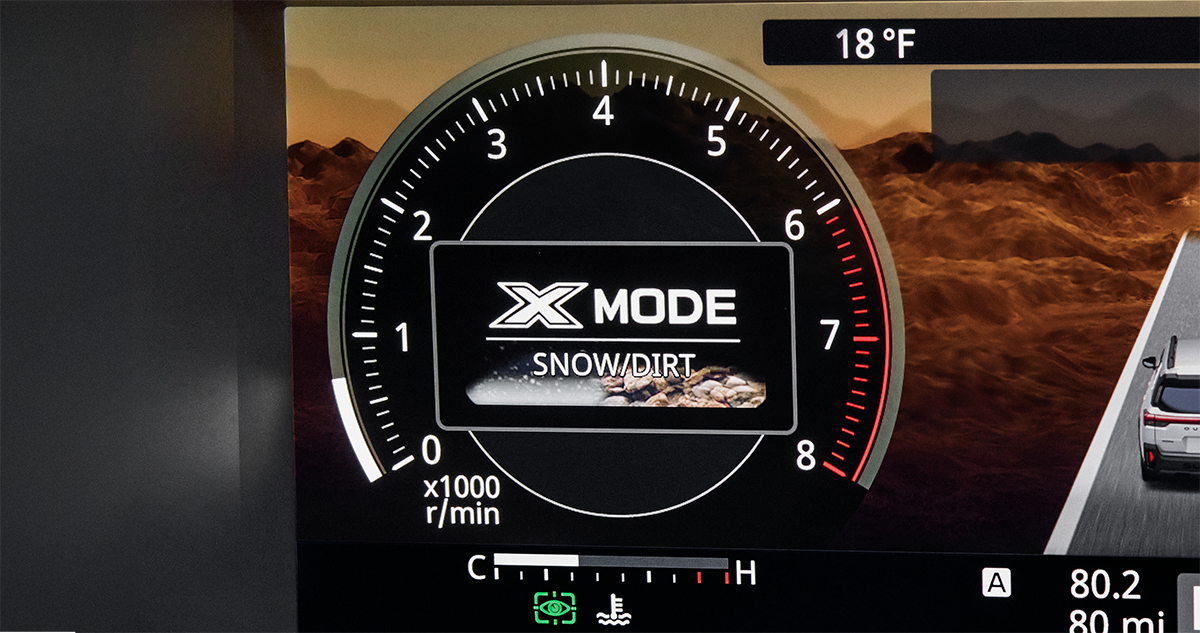 The X-MODE traction control settings in the digital dashboard display of a Subaru vehicle.