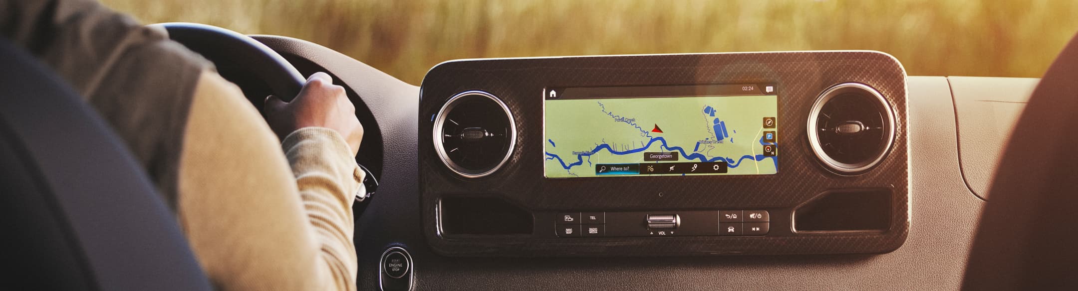 View of van dashboard from passenger’s point of view.