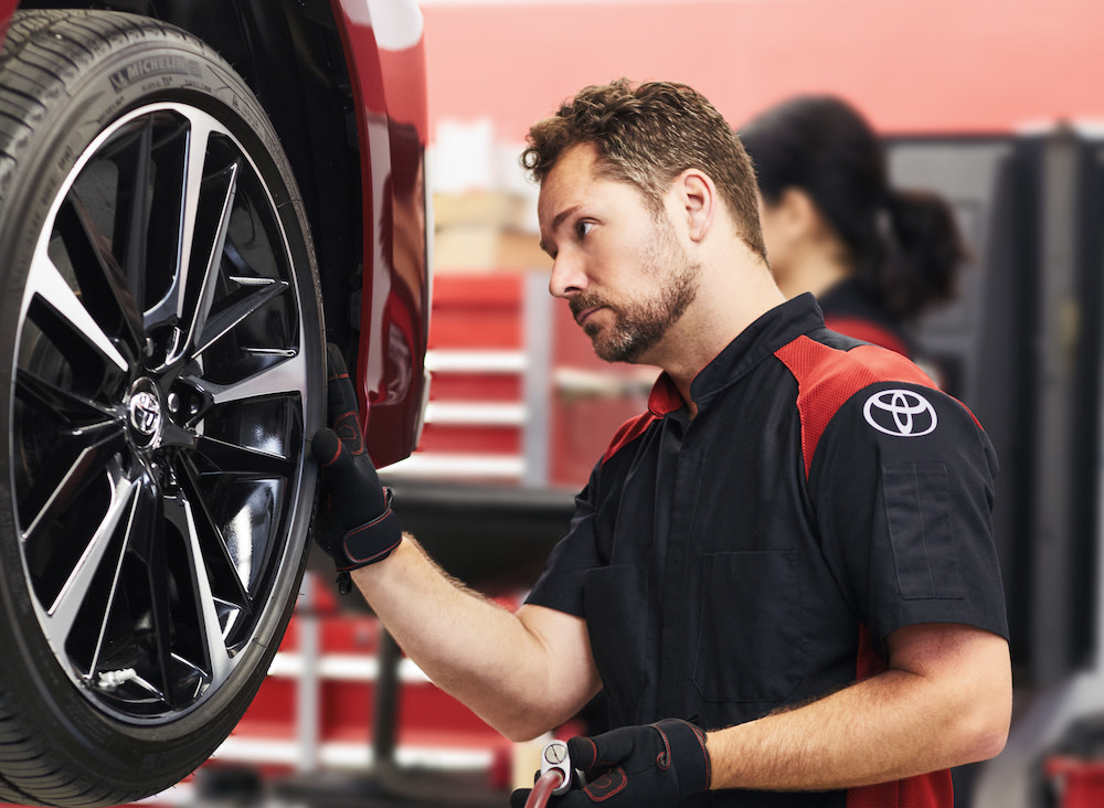How to check your tires' health at Tri County Toyota of Royersford | Toyota Technician checking car tire