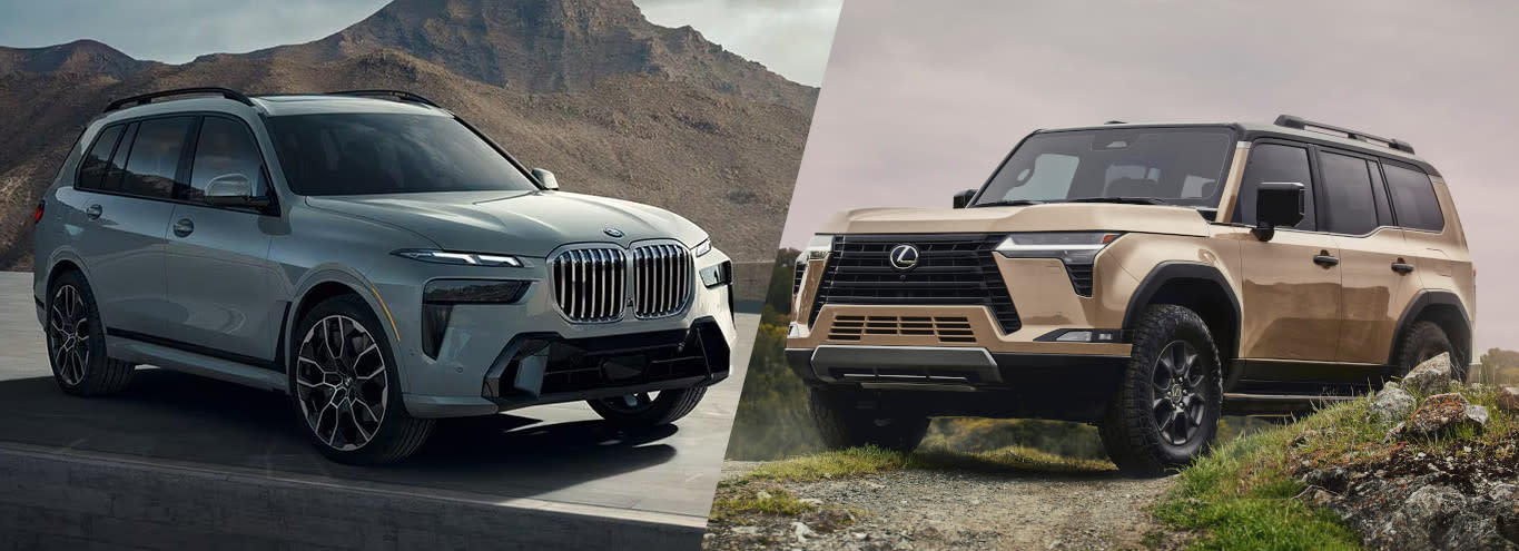 Image of a white BMW X7 SUV next to a gold Lexus GX 550
