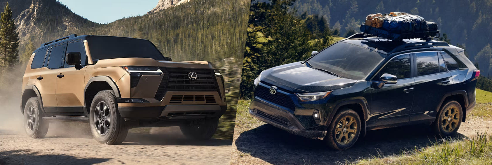 Image of a gold 2025 Lexus GX 550 next to a blue Toyota RAV4 with a luggage rag